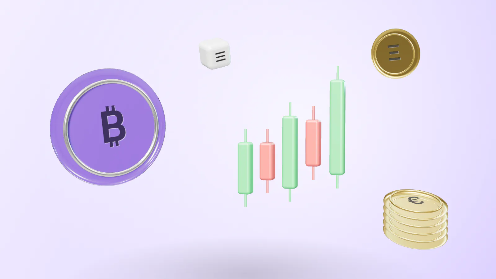 A violet glass bitcoin coin, trading candles and a stack of gold euro coins