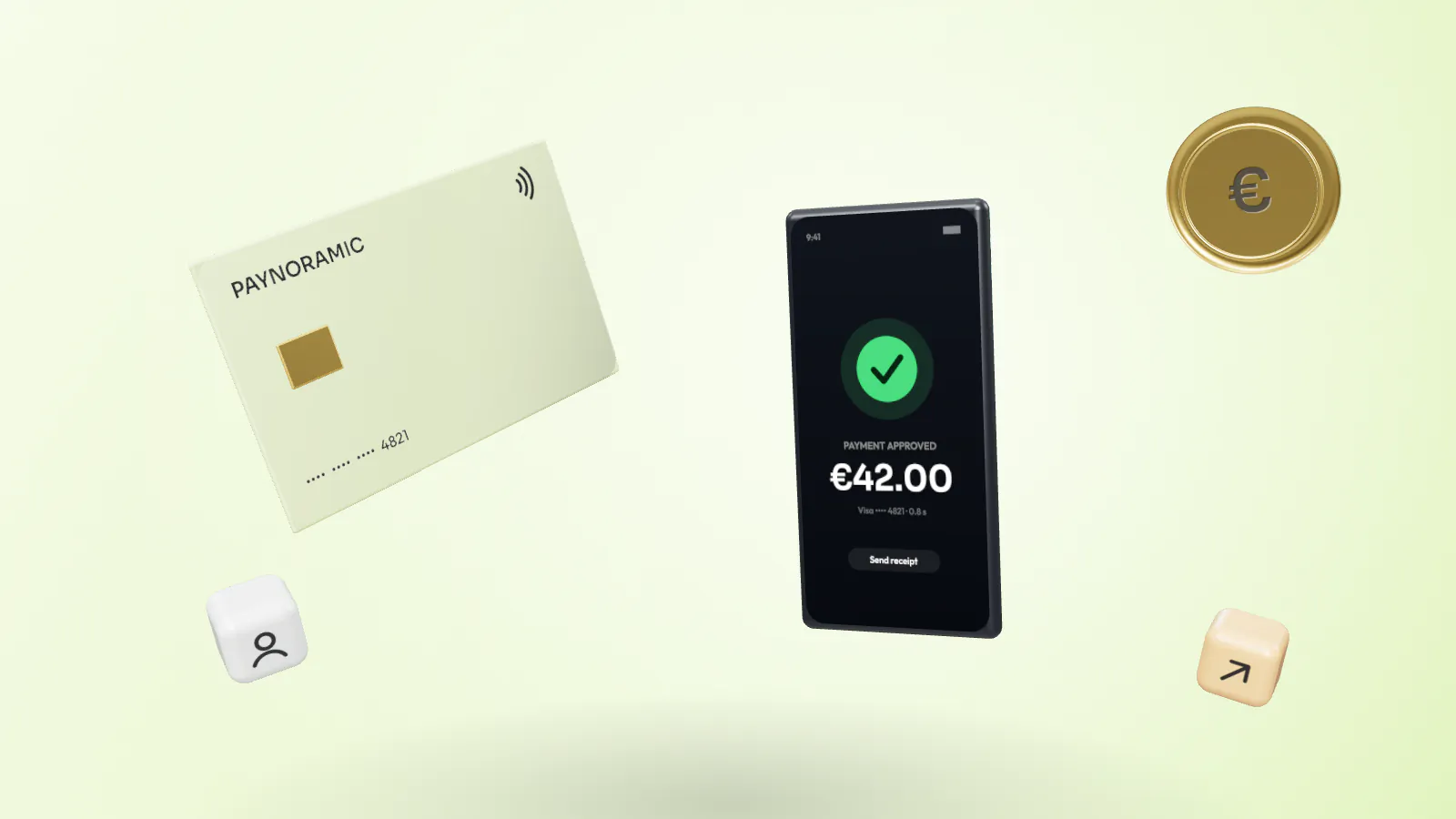 A phone showing an approved €42.00 card payment beside a lime payment card