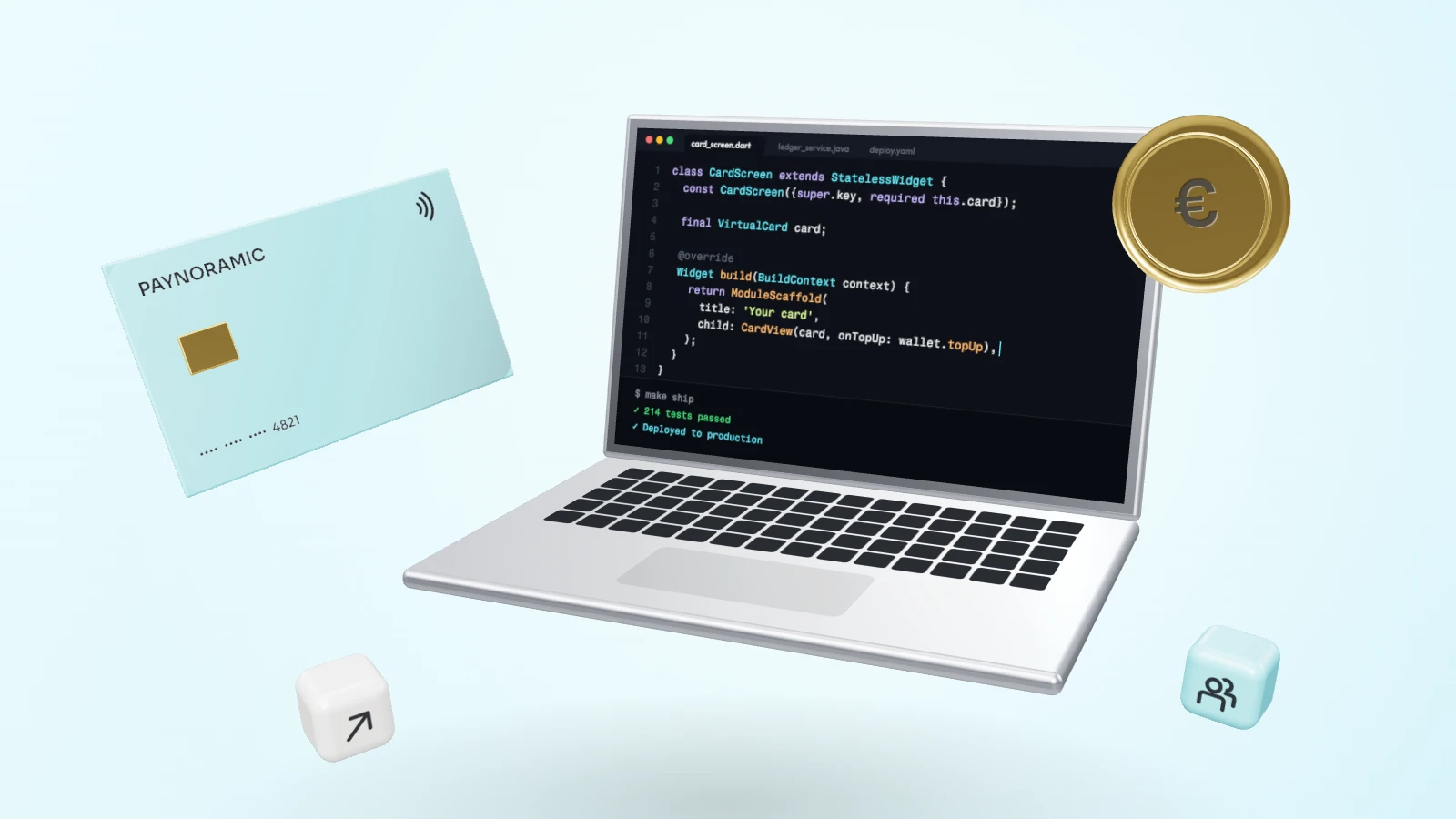 A laptop with a payment card, a gold euro coin and payout and team blocks