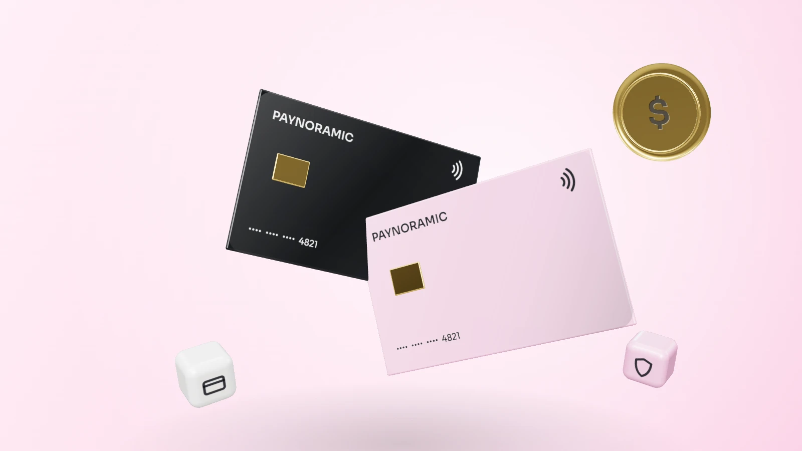 Two payment cards, one pink and one dark, with card and shield blocks and a gold dollar coin