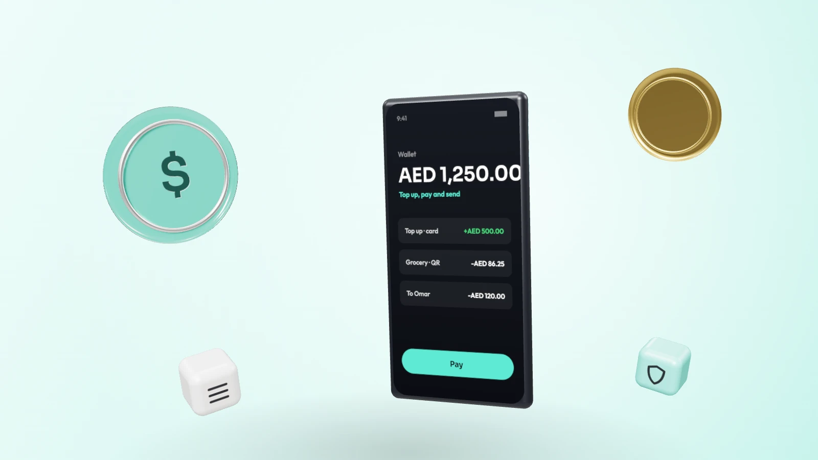 A phone showing a dirham wallet, with a teal glass dollar coin, a gold coin and ledger and shield blocks