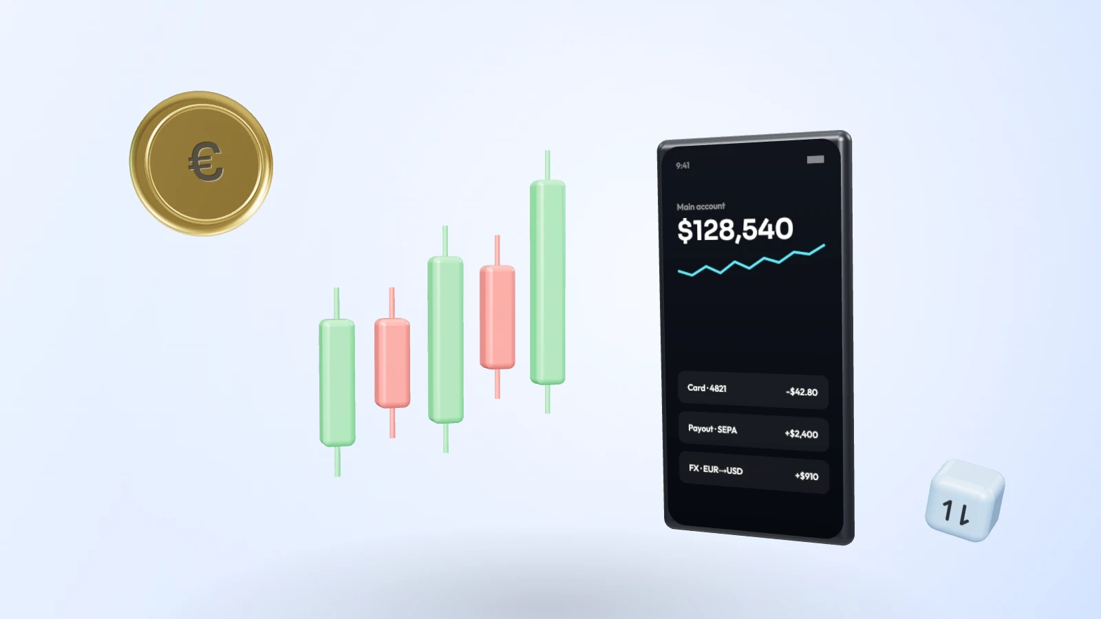 Trading candles beside a phone showing a portfolio balance, with a gold euro coin and a matching block