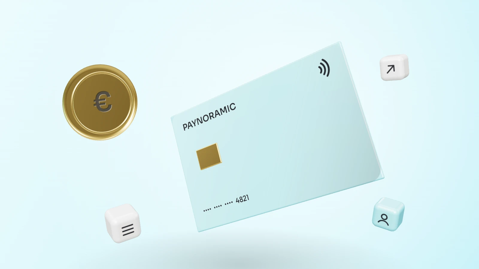 A cyan payment card with a gold euro coin and ledger, identity and payout blocks