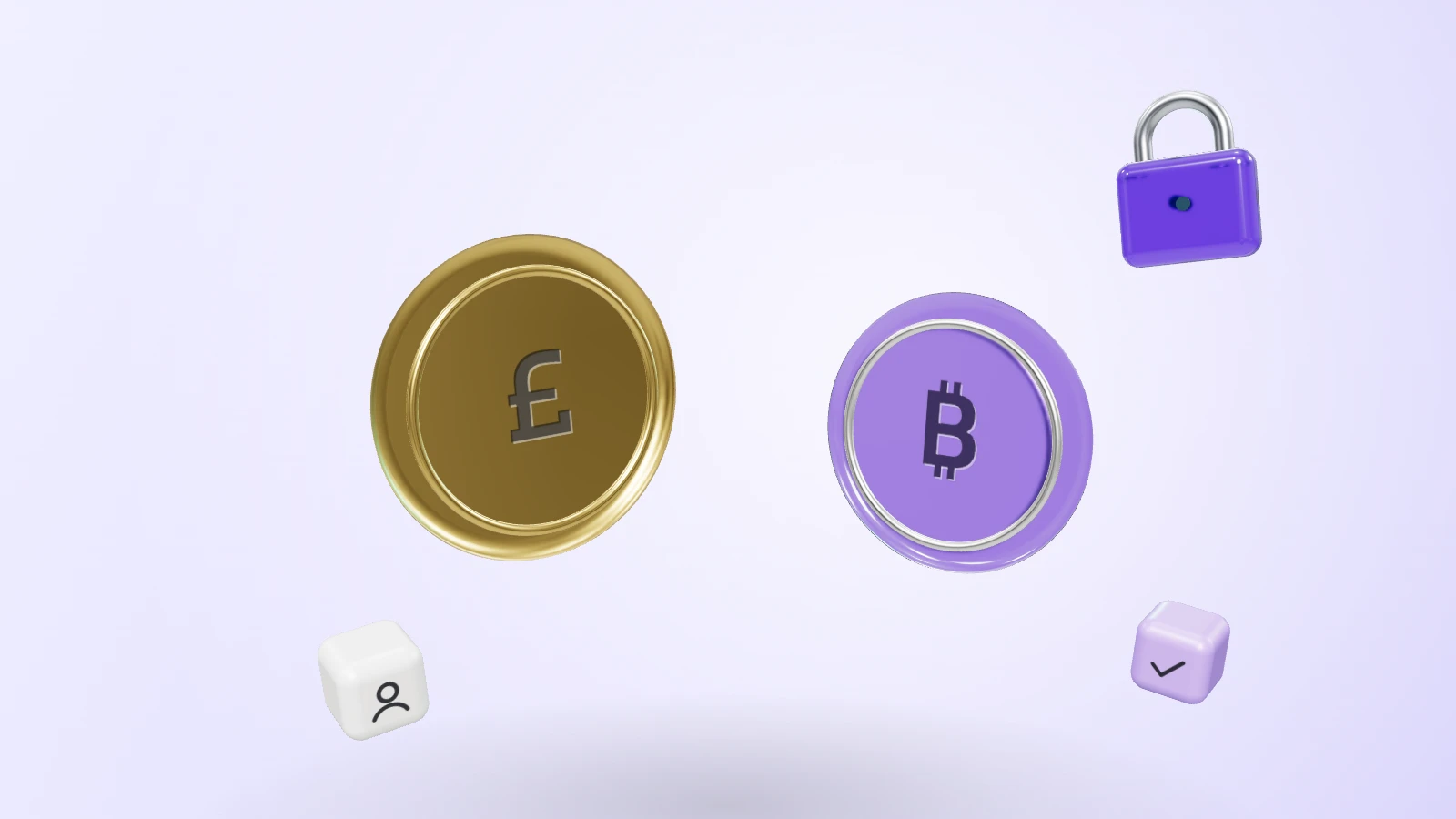 A gold pound coin and a violet glass bitcoin coin, with a small padlock and identity and check blocks