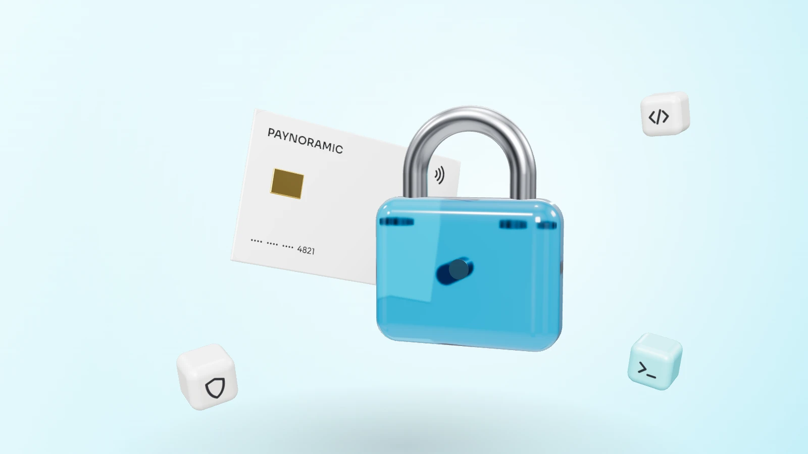 A cyan padlock in front of a payment card, with shield, terminal and code blocks