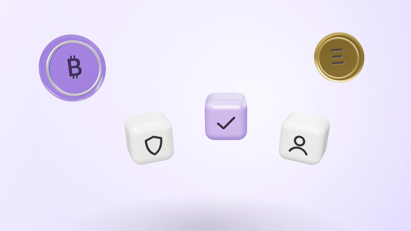 Three blocks marked shield, check and identity side by side, with a violet glass bitcoin coin and a gold ether coin