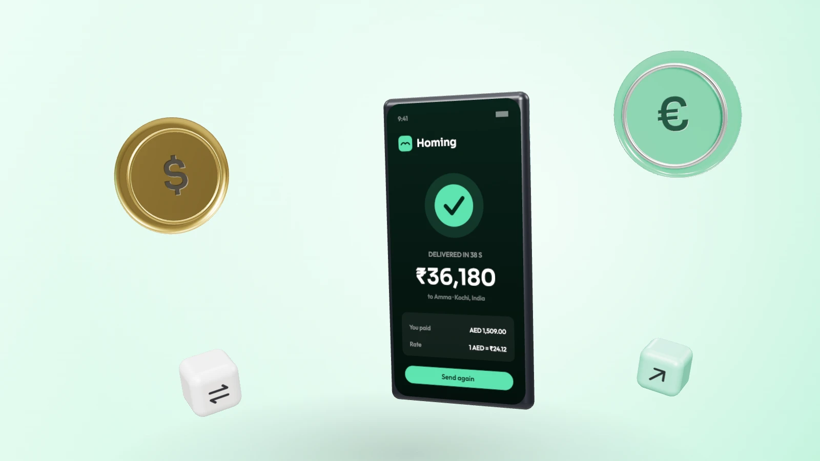 A phone showing money sent, with a gold dollar coin, a green glass euro coin and exchange and payout blocks