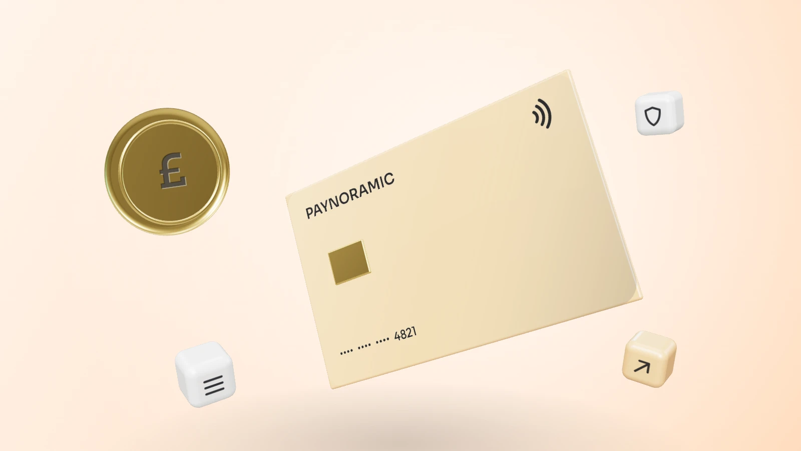 An orange payment card with a gold pound coin and ledger, payout and shield blocks