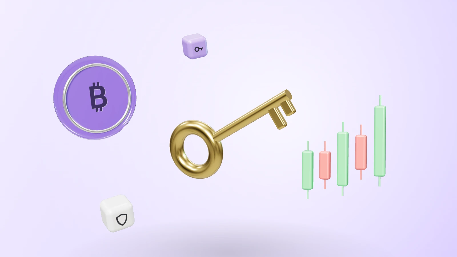 A gold key beside a violet glass bitcoin coin and trading candles, with shield and custody blocks