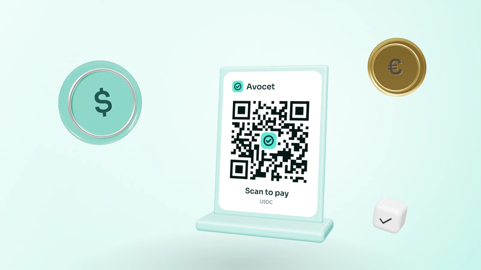 A teal stand with a QR code to pay in USDC, with a teal glass dollar coin, a gold euro coin and a check block