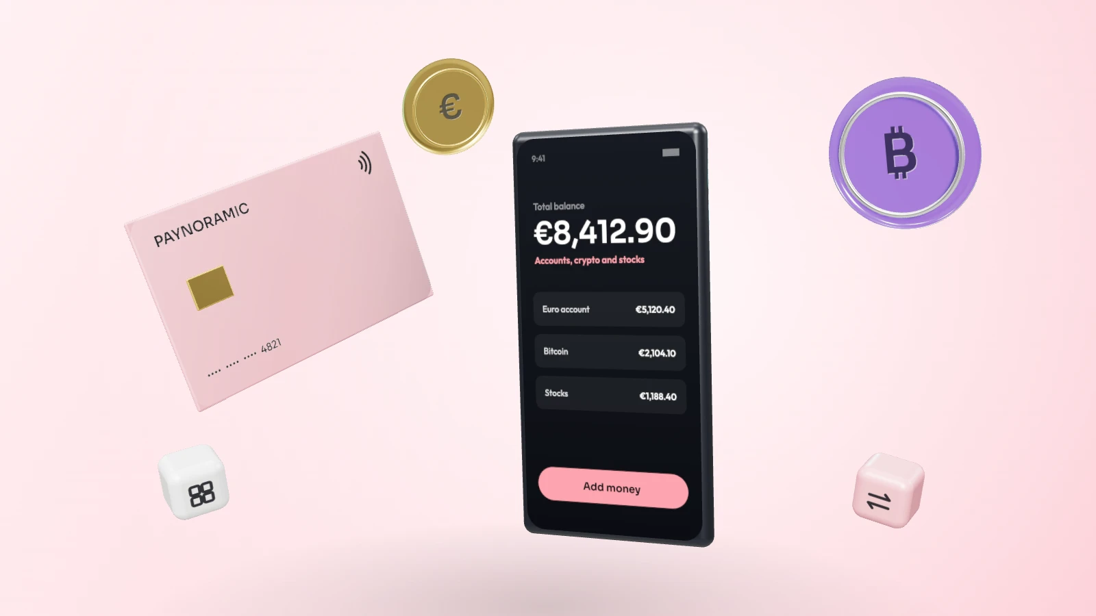 A phone showing balances across accounts, crypto and stocks, with a rose payment card, a violet glass bitcoin coin, a gold euro coin and grid and exchange blocks