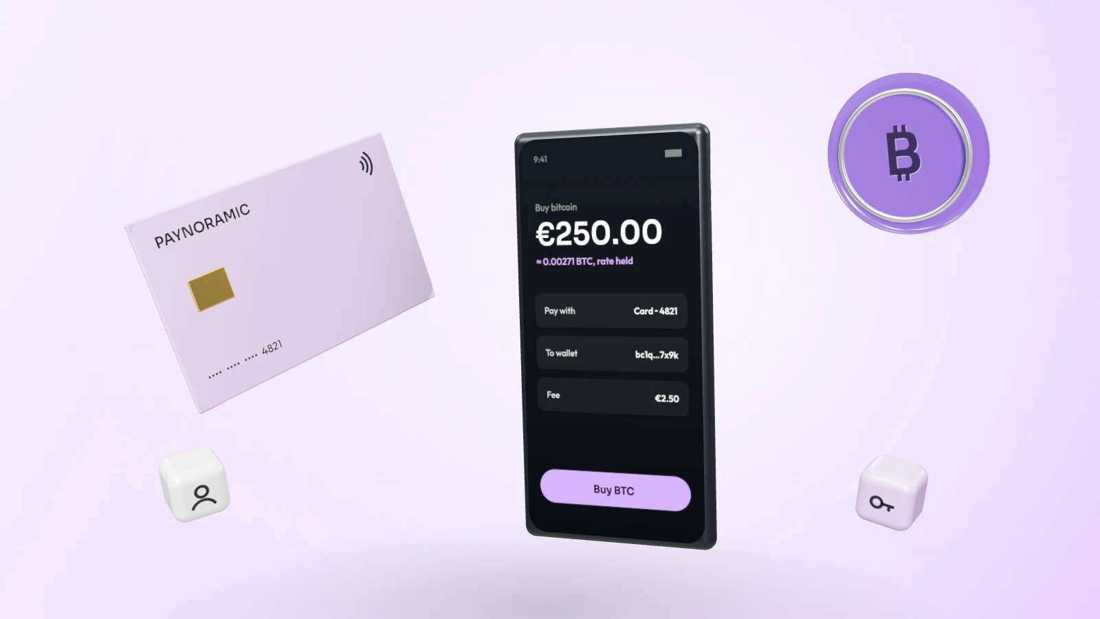 A phone buying bitcoin with euros, with a purple card, a violet glass bitcoin coin and identity and custody blocks