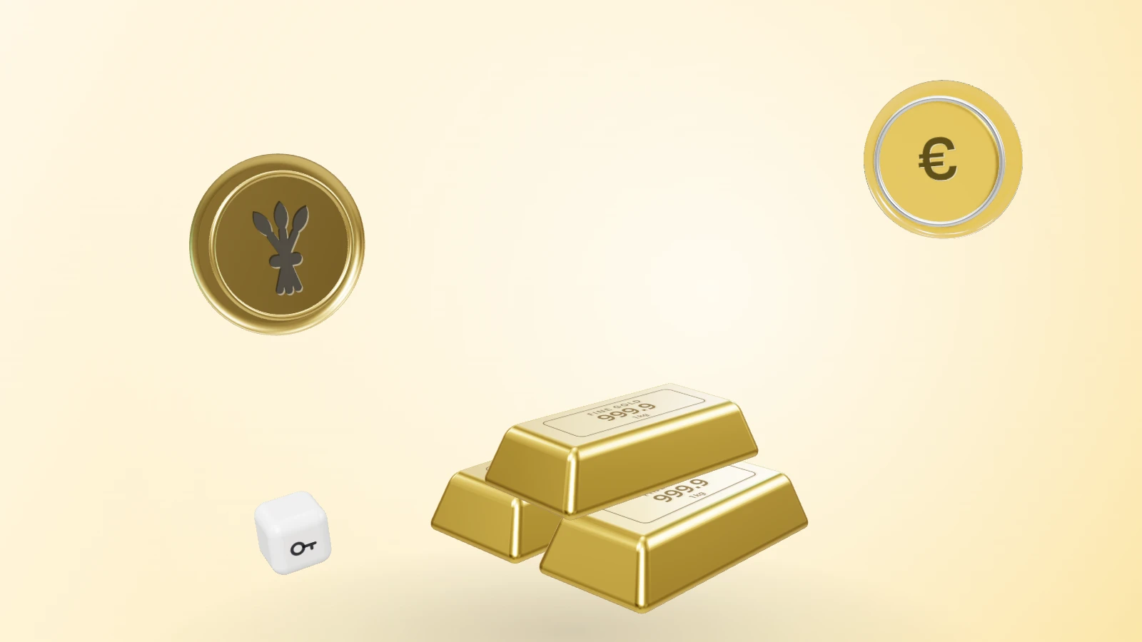 A stack of gold bars with a gold coin struck with a wheat sheaf, an amber glass euro coin and a custody block