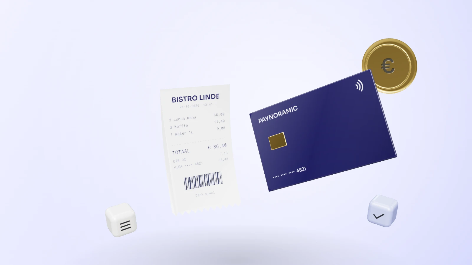 A receipt beside a dark business card, with ledger and check blocks and a gold euro coin