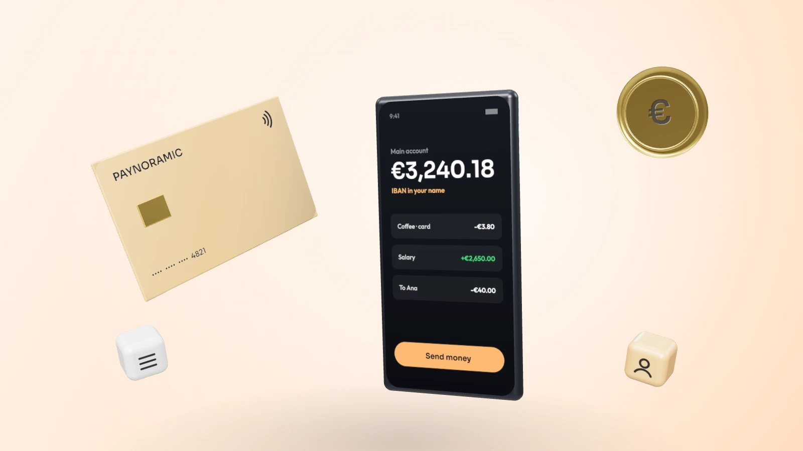 A phone showing a euro account balance with an orange payment card, a gold euro coin and ledger and identity blocks