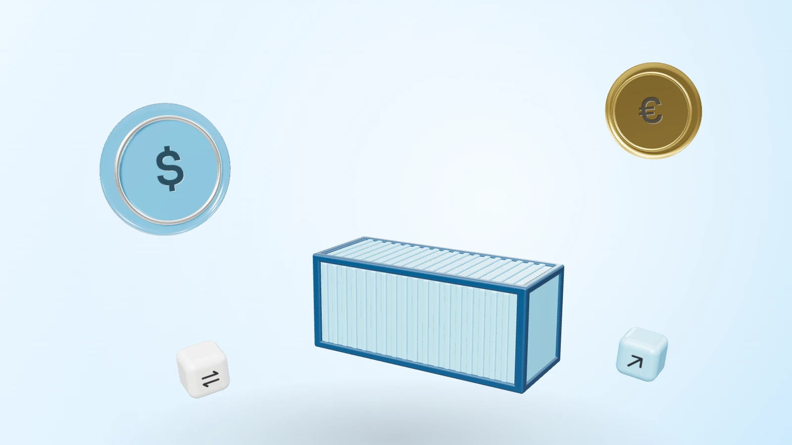 A shipping container with a sky-blue glass dollar coin, a gold euro coin and exchange and payout blocks