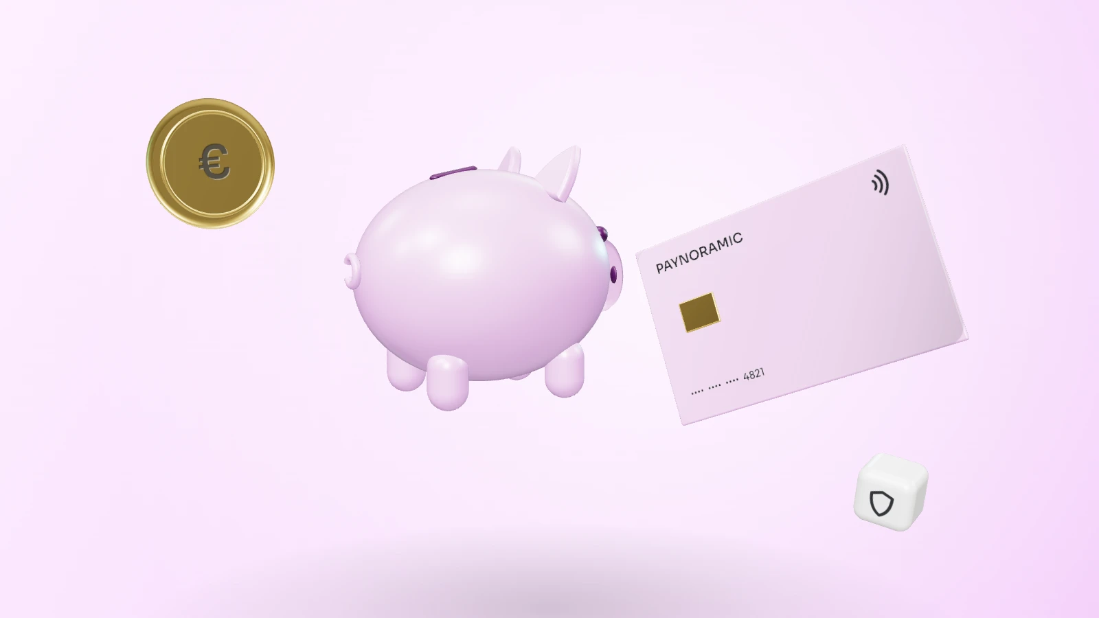 A pink piggy bank with a payment card, a gold euro coin and a shield block