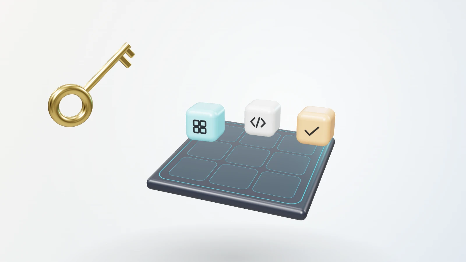 Module blocks marked grid, code and check standing on a platform plate, with a gold key