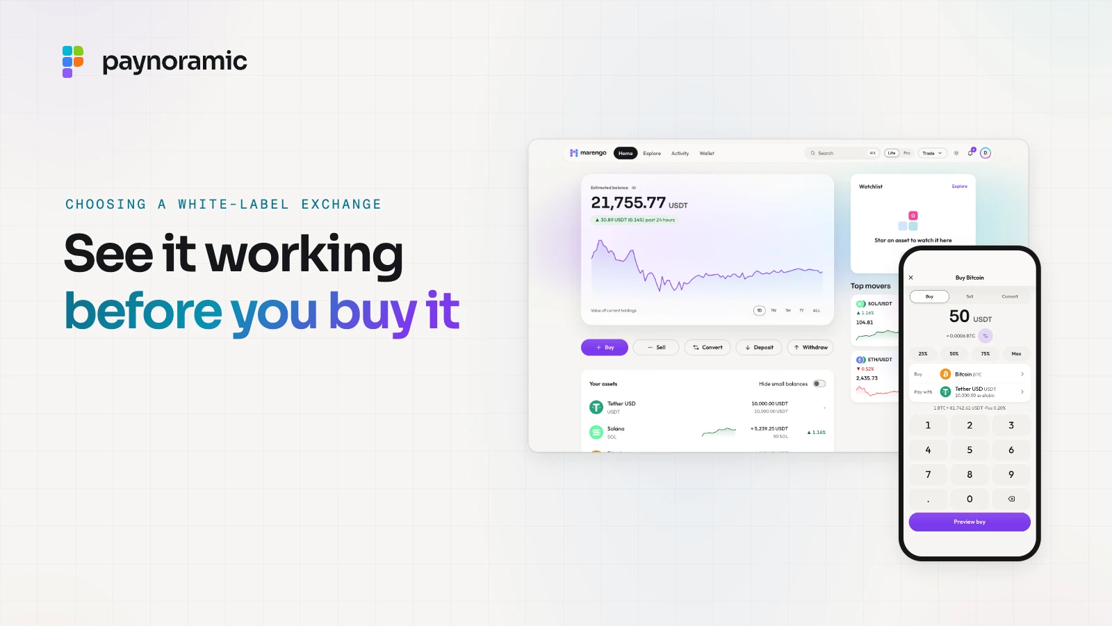 Marengo, Paynoramic's white-label crypto exchange, on a desktop and a phone: see it working before you buy it
