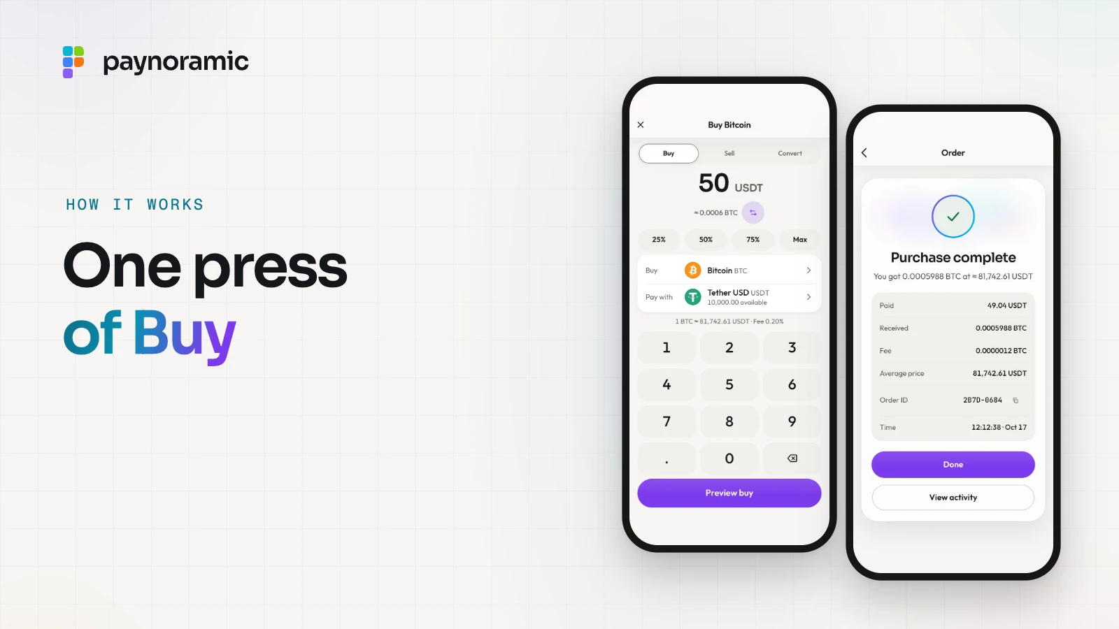 Marengo on two phones: buying Bitcoin with 50 USDT, and the receipt with what was paid, received, the fee and the order ID